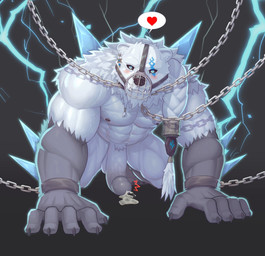 all_fours anthro balls black_claws black_sclera blue_eyes blush bodily_fluids bound chain chained claws cum cum_on_ground fur genital_fluids genitals gloves_(marking) grey_body grey_fur heart_symbol humanoid_genitalia humanoid_penis leg_markings male markings muscular muscular_male muzzle_(object) nipples orgasm pecs penis socks_(marking) solo vein veiny_muscles veiny_penis white_body white_fur white_penis wire_basket_muzzle ronci league_of_legends riot_games tencent volibear bear mammal polar_bear ursine hi_res