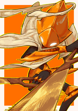 ambiguous_gender biped empty_eyes fingers holding_melee_weapon holding_object holding_weapon machine melee_weapon motion_lines pose solo weapon white_eyes sharpski hollow_knight:_silksong hollow_knight_(franchise) team_cherry second_sentinel arthropod robot 2026 absurd_res digital_media_(artwork) hi_res orange_theme