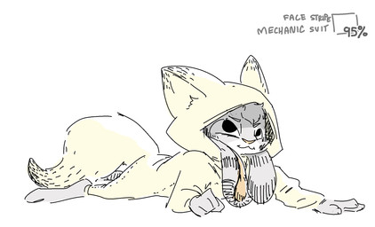 ambiguous_gender anthro barefoot biped clothing dipstick_ears ear_markings feet fox_costume fur grey_body grey_fur head_tuft kigurumi lying markings multicolored_ears on_front onesie simple_background solo text tuft white_background nobby_(artist) disney zootopia jack_savage lagomorph leporid mammal rabbit aliasing binary_drawing digital_drawing_(artwork) digital_media_(artwork) english_text hi_res