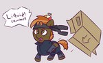 box cardboard cardboard_box clothing container cosplay dialogue feral hat headgear headwear male simple_background solo yelling young wanda_(artist) friendship_is_magic hasbro konami metal_gear my_little_pony button_mash_(mlp) solid_snake earth_pony equid equine horse mammal pony