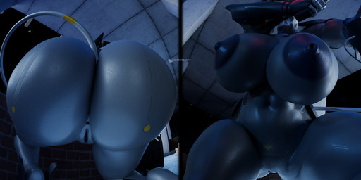 aiming ammunition anthro anus armor big_butt breasts brick butt close-up female genitals glowing glowing_eyes gun holding_object holding_weapon machine night nipples nude ranged_weapon rifle solo teeth thick_thighs vulva weapon dododragon56 konami metal_gear blade_wolf canid canine living_machine mammal robot 2:1 absurd_res hi_res