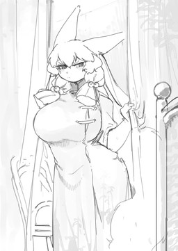anthro asian_clothing bangs big_breasts blush blush_lines breasts chair chinese_clothing chinese_dress circle_eyebrows clothing curtains dress east_asian_clothing eyebrows female fluffy fluffy_tail furniture hair kemono long_hair looking_at_viewer side_bangs solo tail nikumura_q giant_ojou-sama sumire_(giant_ojou-sama) lagomorph leporid mammal rabbit servant_(giant_ojou-sama) absurd_res hi_res monochrome