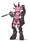 abs anthro armor blush breasts clothed clothing cute_fangs fangs female female_anthro footwear hammer holding_object holding_weapon horn kemono legwear looking_at_viewer melee_weapon muscular muscular_anthro muscular_female one_eye_closed scales scar simple_background skimpy solo teeth tools unconvincing_armor warhammer weapon white_background wink sat_v12 kobold reptile scalie 2023 digital_media_(artwork) full-length_portrait hi_res portrait translated_description