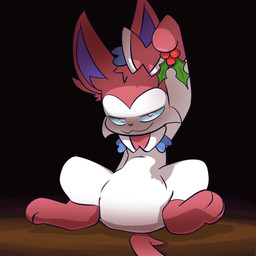 accidental_holly biped blue_eyes digitigrade featureless_crotch front_view holding_object holly_(plant) looking_at_viewer null pink_body plant sitting smug_face solo spread_legs spreading white_body klydewitakay nintendo pokemon eeveelution generation_4_pokemon generation_6_pokemon pokemon_(species) sylveon 1:1 absurd_res cel_shading digital_drawing_(artwork) digital_media_(artwork) hi_res shaded