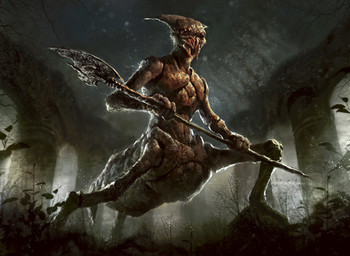 anthro arch axe battle_axe biped column dark fantasy_weapon holding_object holding_weapon low-angle_view male melee_weapon multi_limb plant polearm rock solo standing underground walking weapon david_rapoza hasbro magic:_the_gathering arthropod insect cool_colors official_art restricted_palette