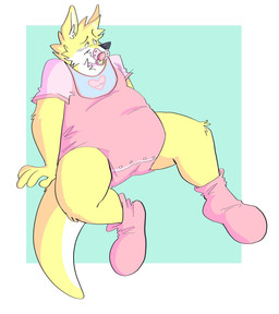 ambiguous_gender anthro bib big_diaper black_nose blush blush_lines booties clean_diaper clothed clothing diaper diaper_under_clothing diaper_under_onesie footwear fur heart_symbol inner_ear_fluff multicolored_body multicolored_fur narrowed_eyes object_in_mouth onesie pacifier pacifier_in_mouth pink_clothing pink_footwear pink_onesie pink_pacifier simple_background sitting smile snapsuit solo tail tuft two_tone_body two_tone_fur two_tone_tail wearing_diaper white_body white_fur white_inner_ear white_inner_ear_fluff white_tail yellow_body yellow_fur yellow_tail slusheep fang29_(character) canid canine canis domestic_dog hybrid kangaroo macropod mammal marsupial 2020 hi_res