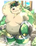 anthro backwards_baseball_cap backwards_hat baseball_cap belly blush clothing fur green_body green_fur hat headgear headwear male moobs nipples overweight overweight_male partially_submerged shirtless shirtless_male solo water okentya lifewonders live_a_hero mokdai canid canine canis domestic_dog mammal hi_res