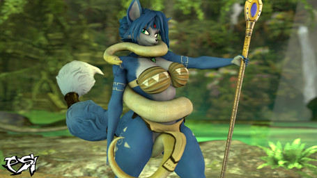 accessory ambiguous_gender anthro bandeau big_breasts blue_body blue_fur blue_hair bottomless bottomless_anthro bottomless_female breasts clothed clothing convenient_censorship duo female feral fluffy fluffy_tail fur furgonomics hair jewelry krystal's_staff looking_at_viewer multicolored_body multicolored_fur ring scales tail tail_accessory tail_jewelry tail_ring teal_eyes topwear two_tone_body two_tone_fur white_body white_fur yellow_body yellow_scales psikokinetic warfaremachine_(modeler) nintendo star_fox krystal_(star_fox) warfare_krystal canid canine fox mammal reptile scalie snake 16:9 2026 3d_(artwork) digital_media_(artwork) hi_res source_filmmaker_(artwork) widescreen