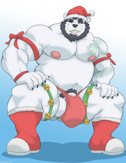 anthro asian_clothing balls beard black_hair black_nose boots bulge christmas_clothing christmas_headwear clothing crouching east_asian_clothing facial_hair footwear fundoshi genitals gradient_background hair hat headgear headwear holidays japanese_clothing jingle_bell_legband looking_at_viewer male musclegut muscular muscular_anthro muscular_male nipples one_eye_closed pecs penis penis_base pubes santa_hat shoes simple_background solo tattoo teeth underwear white_body wink tylerstark christmas domino_(midnighthossman) bear giant_panda mammal 2024 hi_res