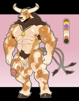 3_tails abs accessory anthro arm_tuft ball_tuft balls big_balls big_muscles big_pecs big_penis bovid_horn bovine_horn brown_armpit_hair brown_body brown_fur brown_mane bull_horn color_swatch digitigrade ear_piercing ear_tag elbow_tuft facial_piercing fist frown fur furgonomics genitals gold_(metal) gold_jewelry gold_stud_piercing hooves horn horn_jewelry horn_ring humanoid_genitalia humanoid_penis jewelry leg_tuft male mane markings medial_ring multi_tail muscular muscular_anthro muscular_male nipples nose_piercing nose_ring nude_anthro nude_male pecs penis piercing pink_background pink_nipples pubes purple_eyes ring ring_(jewelry) ring_piercing saggy_balls shoulder_tuft side_glance simple_background solo spots spotted_body spotted_fur tail tail_accessory tail_jewelry tail_ring tail_tuft tan_body tan_fur tuft cataxdrk2020 nintendo pokemon fan_character generation_1_pokemon pokemon_(species) tauros absurd_res hi_res story story_in_description