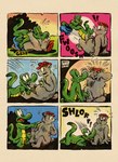 2024 albert_alligator alligator alligatorid anthro balls bayou_beaver bear blush bottomwear clothing comic crocodilian duo english_text erection genitals green_body hat headgear headwear hi_res hug kissing male male/male mammal oral outside pants penis pogo reptile scalie slightly_chubby text