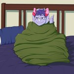 3_horns anthro bed bedding blanket clothing detailed_background eyelashes female footwear freckles frill_(anatomy) furniture hair horn long_tail multi_horn on_bed purple_body purple_eyes purple_hair purple_scales scales short_hair smile socks solo tail wrapped_in_blanket heartsick cavemanon_studios goodbye_volcano_high snoot_game trish_(gvh) ceratopsian dinosaur ornithischian prehistoric_species reptile scalie triceratops 1:1 2022 digital_drawing_(artwork) digital_media_(artwork) hi_res