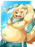 anthro belly blush bottomwear clothing eyebrows fur male moobs nipples one_eye_closed overweight overweight_male scarf shorts smile solo swimwear thick_eyebrows wink yellow_body yellow_fur itatuki_78 lifewonders tokyo_afterschool_summoners cu_sith_(tas) bird_dog canid canine canis domestic_dog golden_retriever hunting_dog mammal retriever 3:4 hi_res