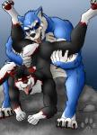 4_toes 5_fingers anal anthro anthro_on_anthro barefoot biped black_body black_fur black_hair black_nose black_sclera black_tail blue_body blue_fur claws duo ear_piercing eye_scar facial_scar feet fingers fur gloves_(marking) gradient_background hair leg_markings looking_at_viewer male male/male markings multicolored_body multicolored_fur multicolored_tail nude open_mouth oral pawpads paws piercing pink_tongue red_body red_eyes red_fur red_pawpads red_tail rimming rock scar sex short_hair simple_background sitting snout socks_(marking) tail tail_grab toe_claws toes tongue tongue_out two_tone_body two_tone_fur upside_down white_body white_fur white_tail yellow_eyes aestas aestas_(character) ulric_blood-moon canid canine canis mammal wolf 2016 digital_media_(artwork) hi_res watermark