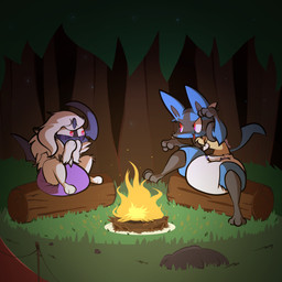 ambiguous_gender anthro campfire clothed clothing diaper duo forest log plant purple_diaper tent tree wearing_diaper white_diaper wood rapoof nintendo pokemon absol generation_3_pokemon generation_4_pokemon lucario pokemon_(species) 1:1 absurd_res hi_res