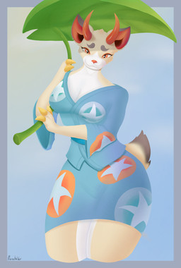 anthro asian_clothing blue_background blue_clothing clothed clothing east_asian_clothing female fingers fur hair hooved_fingers hooves horn japanese_clothing leaf leaf_umbrella looking_at_viewer plant red_eyes red_horn simple_background smile solo tail white_body white_fur plaisehulder animal_crossing nintendo shino_(animal_crossing) deer mammal absurd_res hi_res