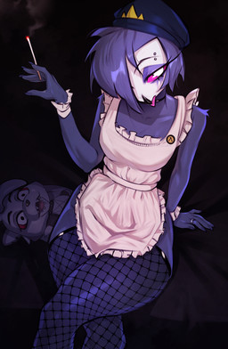 anthro apron cigarette clothed clothing feathers female fishnet_clothing fishnet_leggings fishnet_legwear hair hat headgear headwear leggings legwear open_mouth purple_body purple_feathers purple_hair solo tongue tongue_out johnfoxart hellaverse helluva_boss octavia_(helluva_boss) avian bird demon owl owl_demon 2026 hi_res