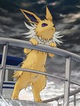 ambiguous_gender feral fur jewelry necklace on_hind_legs purple_eyes quadruped raining solo white_body white_fur yellow_body yellow_fur kaminokefusa nintendo pokemon eeveelution generation_1_pokemon jolteon pokemon_(species) hi_res