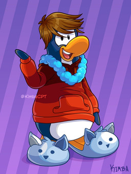 anthro blue_body blue_fur blue_slippers brown_hair cat_slippers clothing fur hair hoodie lei looking_at_viewer male open_mouth pattern_background purple_background red_clothing red_hoodie red_topwear short_hair simple_background solo striped_background text topwear upper_teeth_only kimbacpt club_penguin avian bird penguin artist_name full-length_portrait hi_res portrait signature