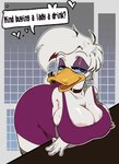 anthro bent_over big_breasts breasts cleavage clothed clothing dialogue female hair solo white_hair vvoolfe disney daisy_duck anatid anseriform avian bird duck