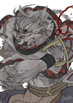abs anthro bandage biceps blood bodily_fluids bottomwear braided_hair braided_ponytail clothed clothing coat dagger fangs fur fur_markings grey_body grey_fur hair long_hair male markings melee_weapon multicolored_body multicolored_fur muscular muscular_anthro muscular_male navel open_clothing open_coat open_topwear pants pecs ponytail red_eyes solo teeth topwear weapon white_body white_fur white_hair wounded wristband orenjimaru cygames world_flipper klaus_(world_flipper) canid canine canis mammal wolf painting_(artwork) traditional_media_(artwork) traditional_painting_(artwork) traditional_watercolor_(artwork) watercolor_(artwork)
