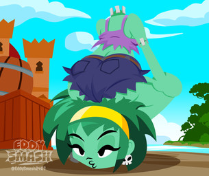 accessory bare_shoulders barrel belt blue_bottomwear blue_clothing blue_pants blue_sky bottomwear butt clothing cloud crop_top detachable detachable_head ear_piercing ear_ring female green_body green_hair green_skin hair hair_accessory hairband half-closed_eyes headband hotpants lips logo narrowed_eyes pants piercing purple_clothing purple_crop_top purple_shirt purple_topwear ring_piercing shadow shirt shorts sitting skull_accessory skull_piercing sky solo stitched_body text topwear eddysmash2407 shantae_(series) wayforward rottytops undead zombie 2026 artist_logo artist_name digital_drawing_(artwork) digital_media_(artwork) hi_res tagme
