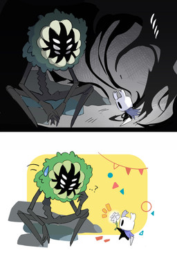 2_horns 6_eyes ambiguous_gender biped black_body black_eyes blue_cloak blue_clothing bodily_fluids cloak clothed clothing duo ellipsis empty_eyes flower holding_flower holding_melee_weapon holding_object holding_weapon horn looking_at_another melee_weapon multi_eye nail_(weapon) plant questioning_ellipsis sitting standing sweat sweatdrop weapon white_eyes white_flower lv999ppbunny hollow_knight_(franchise) team_cherry the_hunter_(hollow_knight) the_knight_(hollow_knight) arthropod vessel_(species) absurd_res hi_res