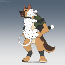 ambiguous_fluids ambiguous_penetration anthro anthro_on_anthro anthro_penetrated anthro_penetrating anthro_penetrating_anthro balls biped black_nose bodily_fluids bottomless bottomless_anthro bottomless_male breasts brown_body brown_fur brown_tail butt carrying_another carrying_partner clothed clothed_anthro clothed_male clothing digitigrade duo eyes_closed female female_anthro female_penetrated from_front_position fur genitals gradient_background intraspecies larger_anthro larger_male male male/female male_anthro male_penetrating male_penetrating_female markings mostly_nude mostly_nude_anthro mostly_nude_female open_mouth penetration penile penile_penetration penis sex simple_background size_difference smaller_anthro smaller_female smaller_penetrated spots spotted_body spotted_fur spread_legs spreading stand_and_carry_position standing standing_sex tail text white_body white_fur white_tail jishinu canid canine canis dalmatian domestic_dog german_shepherd herding_dog mammal pastoral_dog 1:1 2025 artist_name digital_drawing_(artwork) digital_media_(artwork) english_description hi_res url watermark