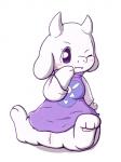 anthro blush bottomless breasts chibi clothed clothing fangs female fur genitals horn long_ears mostly_clothed one_eye_closed purple_eyes pussy small_breasts solo teeth white_body white_fur wink rokesys undertale undertale_(series) toriel boss_monster_(undertale) bovid caprine mammal 3:4 hi_res