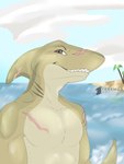 anthro athletic athletic_anthro athletic_male brown_eyes fangs fin green_body looking_at_viewer male pecs scar simple_background smile smirk solo teeth conditional_dnp teremunart fish marine shark character_request hi_res