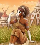 5_fingers anthro anthrofied biped blue_eyes breasts clothed clothing cloud detailed_background duo female feral fingers fur gloves_(marking) green_grass markings mountain mountainside native_american sitting sky teepee tribal jenery dreamworks spirit:_stallion_of_the_cimarron rain_(cimarron) avian bird equid equine horse mammal 2019 digital_media_(artwork) hi_res