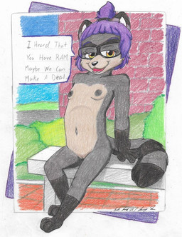 accessory adolescent anthro bench biped black_ear_tips brick brick_wall digitigrade dipstick_ears ear_markings eyewear eyewear_only female flat_chested fur geek genitals glasses gloves_(marking) grey_body grey_fur hair hair_accessory leg_markings markings multicolored_ears nipples nude nude_anthro nude_female outdoor_nudity park park_bench plant purple_hair shrub socks_(marking) solo speech_bubble text vulva wall_(structure) wearing_glasses young young_anthro young_female silversimba01 ashleigh_stark mammal procyonid raccoon colored_pencil_(artwork) english_text traditional_media_(artwork)