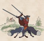 anthro arm_around_waist duo fechtbuch fight male male/male medieval_armor medieval_clothing melee_weapon smile smirk smug surprised_expression sword swordfight weapon garbagegarage canid canine cross_fox fox mammal red_fox true_fox 2025