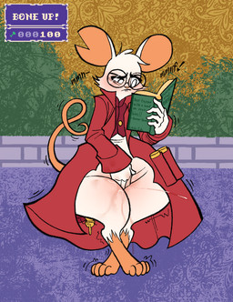 anthro blush bodily_fluids bottomless clothed clothing coat eyewear female fingering flail genital_fluids glasses jacket masturbation melee_weapon orgasm solo text topwear vaginal_fluids weapon kaboozey mina_the_hollower yacht_club_games mina_(mina_the_hollower) english_text