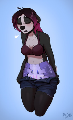anthro blush bottomwear bra clothed clothing denim denim_bottomwear denim_clothing denim_shorts diaper female highlights_(coloring) shorts sigh simple_background solo underwear wearing_diaper arzdin muxie_(arzdin) bear giant_panda mammal