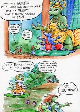 10_legs 3_faces 3_toes 4_arms 4_fingers accessory alternate_form alternate_universe anthro apode arm_ring armcuff arms_bent arms_outstretched auburn_hair barefoot big_hair big_hands biped black_hair blonde_hair blue_body blue_clothing blue_shirt blue_sky blue_topwear blue_tunic bottomwear claws clothed clothing column crossed_arms crown curtains day dialogue digitigrade dot_eyes earless empty_eyes eyes_closed feet female fingers flippers floor flower flukes forest forest_background furgonomic_bottomwear furgonomics gesture green_body green_hair group hair hand_gesture headdress headgear imagination imagining inside jewelry kasaya legless long_body long_hair looking_at_another looking_back looking_up lying lying_on_pillow macro male meditation multi_arm multi_face multi_leg multi_limb necklace nose_up onesie open_mouth orange_clothing orange_eyes orange_topwear outside palm_tree pattern_clothing pillow plant plantigrade pointing pointing_up quadruped raised_arms raised_hand red_clothing red_topwear robe shirt short_tail shrub simple_background simple_eyes sitting sitting_on_another sky smile snout speech_bubble split_form sprawling_gait stairs standing straight_hair striped_clothing stripes tail tapering_tail teeth temple text thick_tail tile tile_floor toes topwear tree tunic walking water water_lily white_background yellow_clothing yellow_eyes cervelet asian_mythology hindu_mythology mythology aqua_(growing_troubles) brahma_(hindu_mythology) ganesha_(hindu_mythology) liz_(growing_troubles) nia_(growing_troubles) parvati_(hindu_mythology) aquatic deity lizard lizard_taur long_taur merfolk reptile reptile_taur scalie scalie_taur taur 2022 comic english_text handwritten_text multiple_scenes painting_(artwork) shaded signature traditional_media_(artwork) traditional_painting_(artwork) traditional_watercolor_(artwork) watercolor_(artwork) sibling_(lore)