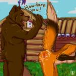 1:1 2017 5_fingers angry anthro bear breasts brown_body brown_fur butt butt_slap canid canine comic dialogue english_text featureless_breasts female fingers fox fur gloves_(marking) lirkov male mammal markings multicolored_body multicolored_fur nude open_mouth orange_body orange_fur raised_tail red_fox side_view slap spank_marks spanking stuck tail tan_body tan_fur text true_fox white_body white_fur yelling