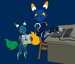 anthro blue_background chair daww desk drawing drawing_tablet duo female floating_ears floating_tail furniture holding_art holding_object keyboard looking_at_another machine male mascot simple_background sitting standing straight_legs table tablet_pen young young_anthro killdark e621 e926 friendship_is_magic hasbro my_little_pony enine esix fluttershy_(mlp) domestic_cat felid feline felis mammal robot 2021 brother_(lore) brother_and_sister_(lore) sibling_(lore) sister_(lore)