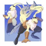 anthro bottomwear clothed clothing fluffy fluffy_chest fur gloves handwear long_ears male pants ponytail_ears solo topless topless_anthro yellow_body yellow_fur notaventura bandai_namco digimon digimon_ghost_game digimon_(species) symbareangoramon 1:1 hi_res multiple_images