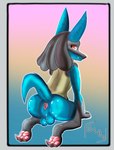 all_fours anthro anus backsack balls border genitals gradient_background grey_border looking_at_viewer looking_back looking_back_at_viewer male presenting presenting_anus presenting_balls simple_background solo lewdly_gibo nintendo pokemon canid canine generation_4_pokemon lucario mammal pokemon_(species) absurd_res hi_res