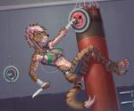 4_toes 5_fingers abs anthro athletic biceps breasts claws clothed clothing detailed_background earbuds electronics feet female fingers green_eyes hand_wraps headphones holding_object holding_weapon inside knife leg_wrap muscular muscular_anthro muscular_female music_player navel nipple_outline pawpads pink_pawpads portable_music_player punching_bag side_boob skimpy solo stripes toe_claws toes tomboy under_boob weapon wraps aurancreations apple_inc. ipod sybil_(deathhydra) hyena mammal striped_hyena 2017