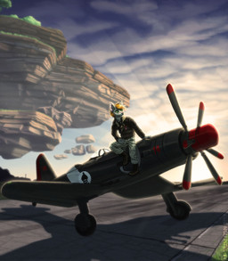 5_fingers aircraft airplane anthro biped boots clothed clothing cloud coat day detailed_background eyewear fingers footwear goggles grass green_eyes hair machine male outside pilot plant shoes sitting sky smile solo sunset topwear tree uniform vehicle fighterjet domestic_cat felid feline felis mammal 2017 digital_media_(artwork) hi_res