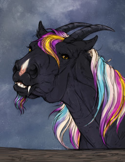 ambiguous_feral ambiguous_gender black_body black_horn blonde_mane blue_mane brown_eyes cosmic_background ears_back eyelashes facial_hair fangs feral glistening glistening_eyes goatee horn looking_at_viewer mane pink_mane pivoted_ears solo space space_background teeth white_mane yellow_sclera scarlanya bovid caprine equid equine horse hybrid mammal absurd_res hi_res huge_filesize signature