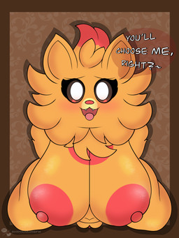 ahegao anthro areola begging big_breasts breasts dialogue facial_tuft fangs female fur genitals high-angle_view looking_at_viewer looking_pleasured looking_up navel neck_tuft nipples open_mouth orange_body orange_fur pokemorph red_areola red_nipples red_nose simple_background slightly_chubby solo talking_to_viewer teeth thick_thighs tongue tongue_out tuft vulva shinychaonsfw nintendo pokemon pokemon_winds_and_waves canid canine generation_10_pokemon mammal pokemon_(species) pombon 2026 3:4 absurd_res hi_res