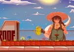 anthro big_breasts breasts clothed clothing crouching female flower garden gardening hair hat headgear headwear orange_body outside plant rooftop scales shirt sky smile solo spiked_tail spikes spikes_(anatomy) tail topwear cdepraxis cavemanon_studios goodbye_volcano_high snoot_game rosa_(gvh) aquilops ceratopsian dinosaur ornithischian prehistoric_species reptile scalie absurd_res hi_res