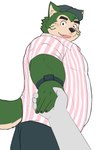 anthro belly blush canid canine canis clock clothing domestic_dog dress_shirt duo first_person_view fur green_body green_fur hand_holding hat headgear headwear hi_res human lifewonders live_a_hero male mammal mokdai nikukyu299paw overweight pattern_clothing pattern_shirt pattern_topwear shirt striped_clothing striped_shirt striped_topwear stripes topwear watch wristwatch