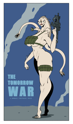 anthro big_breasts blue_eyes border breasts explosives female grenade gun lipstick looking_at_viewer makeup military multi_limb nude poster ranged_weapon small_waist smoke solo spikes tall tentacles thick_thighs weapon white_border arttukorppu the_tomorrow_war alien whitespike hi_res