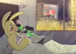 anthro anthro_on_anthro bed city computer cuddling detailed_background duo electronics eyewear fur furniture glasses hair inside laptop lying mackythejacky male male/male night on_bed pillow smile under_covers donkeyramen comet_(cometdafox) moag_(rabbitisyellow) canid canine fox lagomorph leporid mammal rabbit 2019 digital_media_(artwork) hi_res