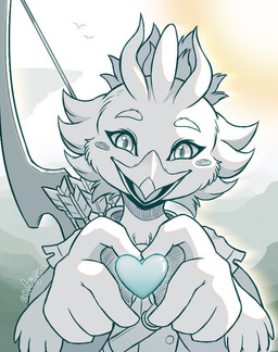 adolescent anthro arrow_(weapon) beak bow_(weapon) daww heart_symbol looking_at_viewer male open_beak open_mouth quiver_(object) ranged_weapon solo tongue weapon winged_arms wings young arijuno nintendo the_legend_of_zelda tulin_(tloz) avian bird rito monochrome signature