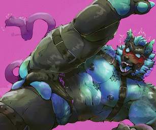 abs anthro armpit_hair armpit_tuft ball_slip balls biceps black_nose blush body_hair butt chest_tuft clothed clothing fur genitals hair humanoid_genitalia humanoid_penis living_tail male muscular muscular_anthro muscular_male nipple_piercing nipples pecs penis penis_poking_out piercing simple_background solo straps tail teeth tuft unusual_anatomy unusual_tail wardrobe_malfunction makota_toh miauarf epic_games fortnite mythology cerberus_(fortnite) canid canid_demon canine demon hellhound mammal mythological_canine mythological_creature reptile scalie snake 6:5 absurd_res hi_res